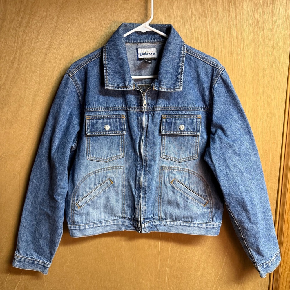 Vintage Express Bleus Denim Jacket Womens Large Full Zip Medium Wash 100% Cotton